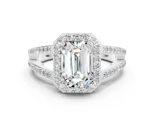 Platinum Emerald Cut Moissanite Halo Ring with Split Shank U-Prong Band and Four-Prong Setting