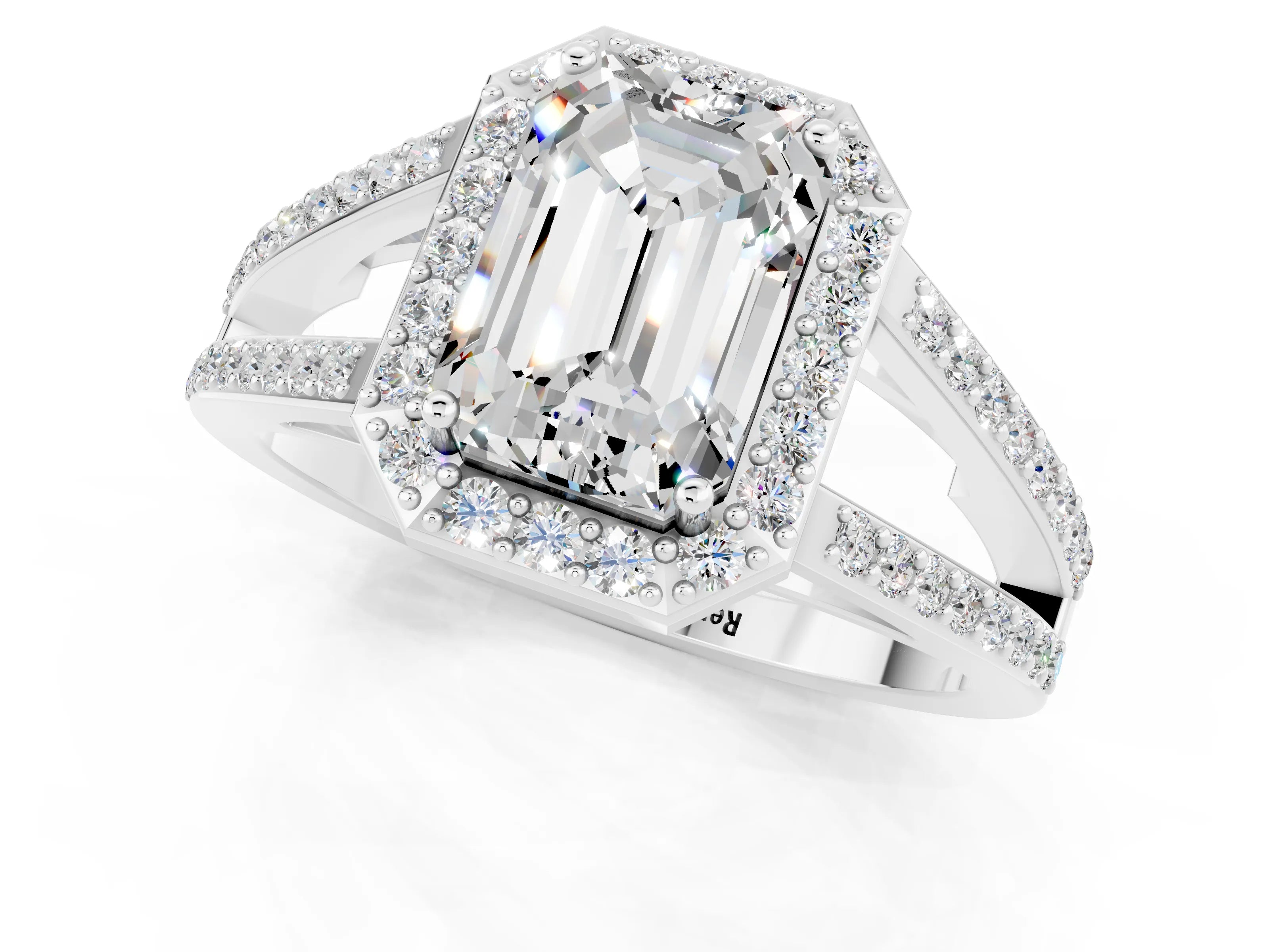 White gold Emerald Cut Moissanite Halo Ring with Split Shank U-Prong Band and Four-Prong Setting_1