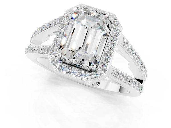White gold Emerald Cut Moissanite Halo Ring with Split Shank U-Prong Band and Four-Prong Setting