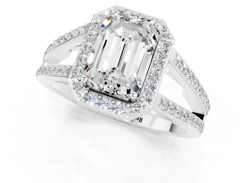 White gold Emerald Cut Moissanite Halo Ring with Split Shank U-Prong Band and Four-Prong Setting_1