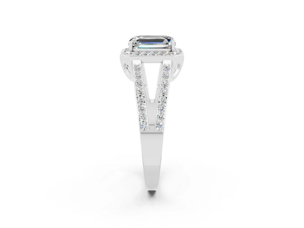 Silver Emerald Cut Moissanite Halo Ring with Split Shank U-Prong Band and Four-Prong Setting