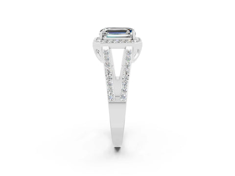White gold Emerald Cut Moissanite Halo Ring with Split Shank U-Prong Band and Four-Prong Setting_2