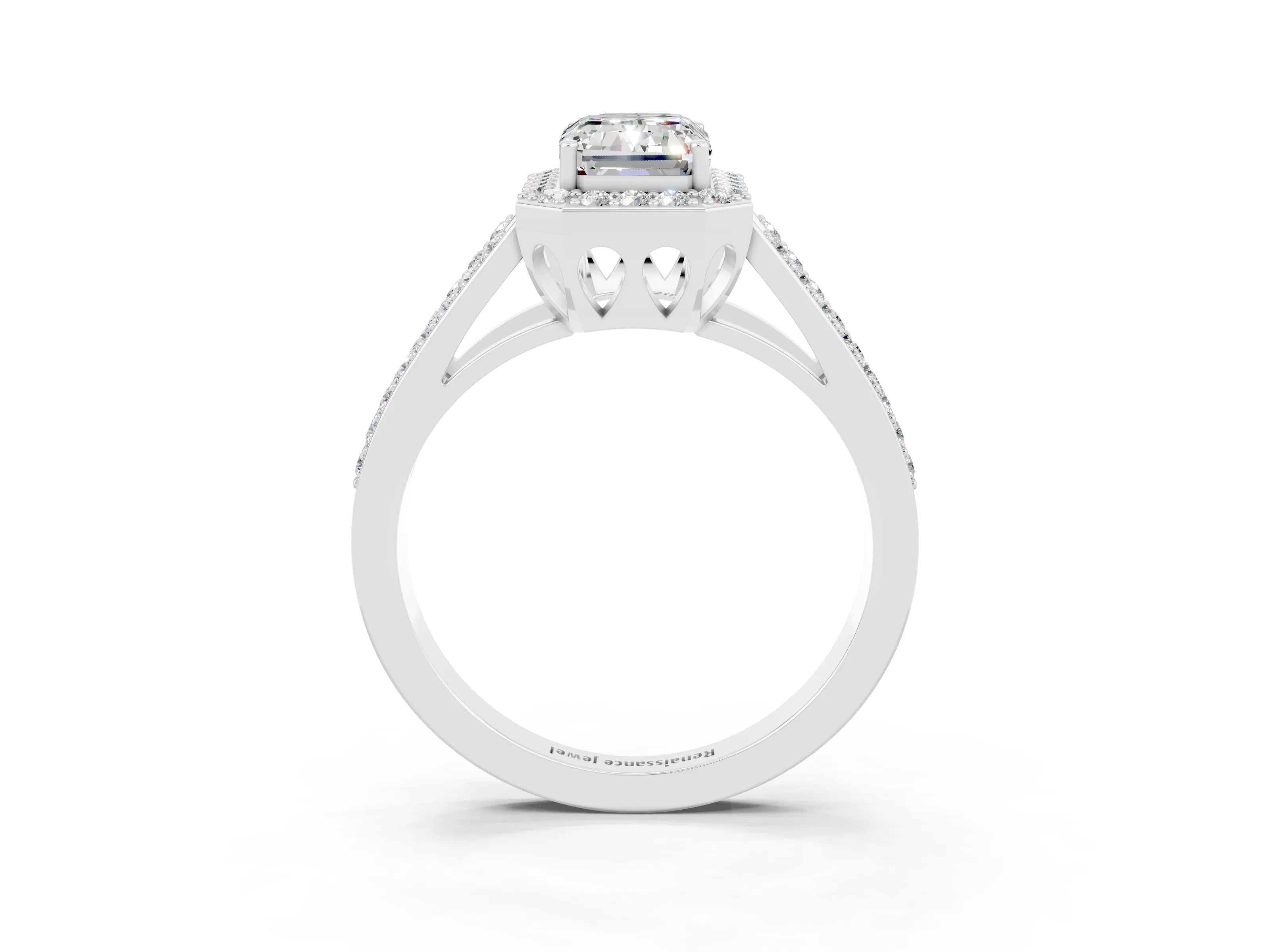 White gold Emerald Cut Moissanite Halo Ring with Split Shank U-Prong Band and Four-Prong Setting_3