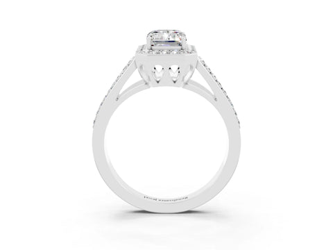 White gold Emerald Cut Moissanite Halo Ring with Split Shank U-Prong Band and Four-Prong Setting_3