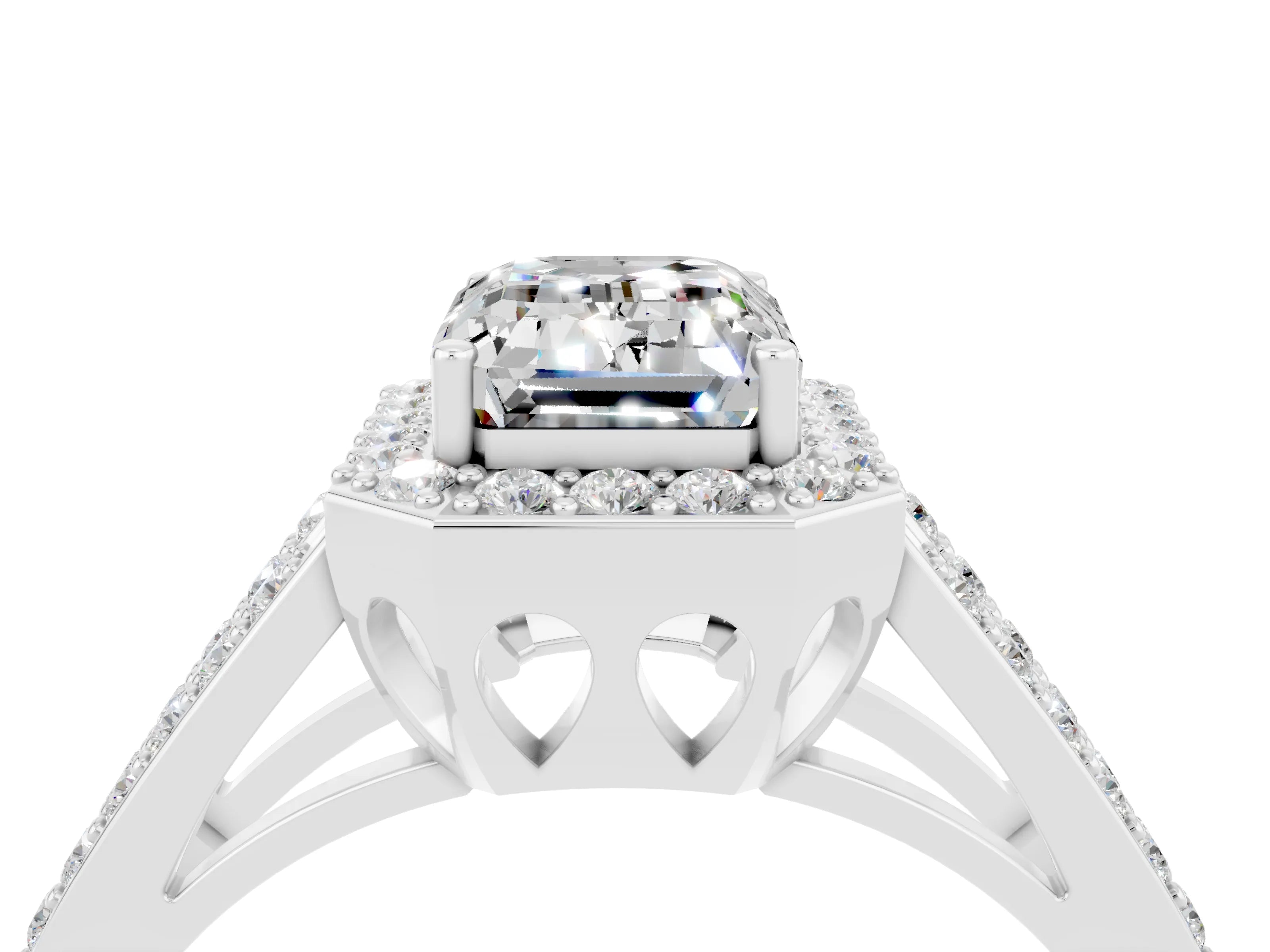 White gold Emerald Cut Moissanite Halo Ring with Split Shank U-Prong Band and Four-Prong Setting_4