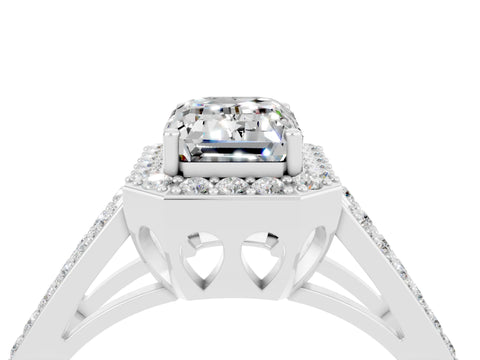 White gold Emerald Cut Moissanite Halo Ring with Split Shank U-Prong Band and Four-Prong Setting_4