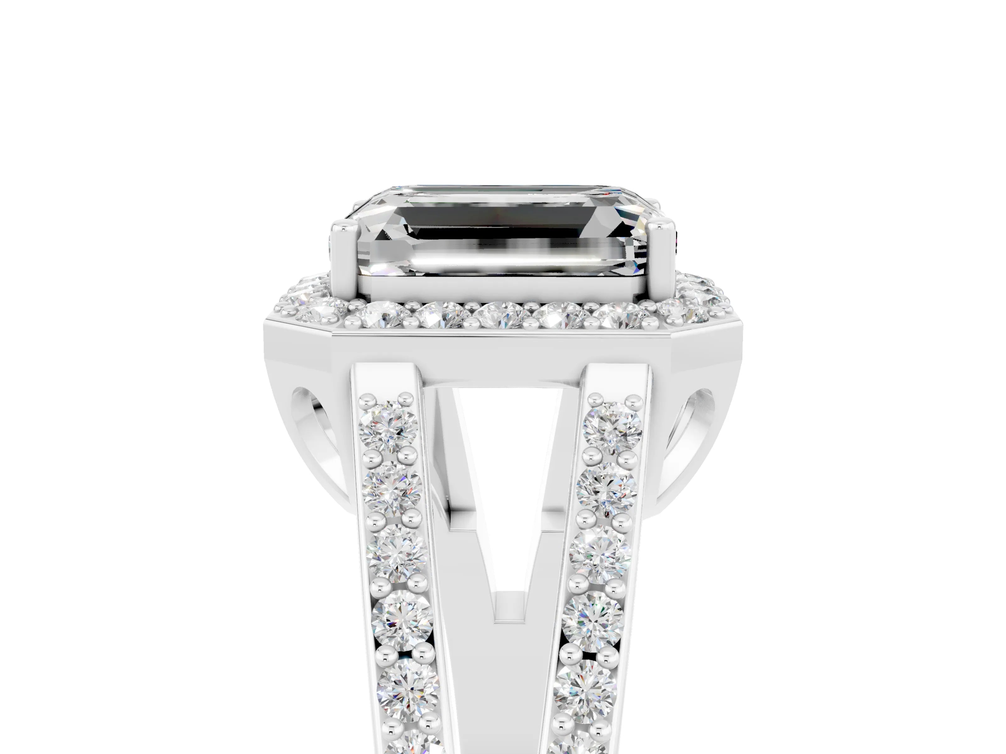 White gold Emerald Cut Moissanite Halo Ring with Split Shank U-Prong Band and Four-Prong Setting_5