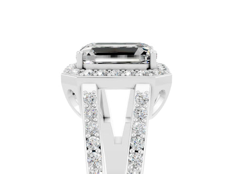 White gold Emerald Cut Moissanite Halo Ring with Split Shank U-Prong Band and Four-Prong Setting_5