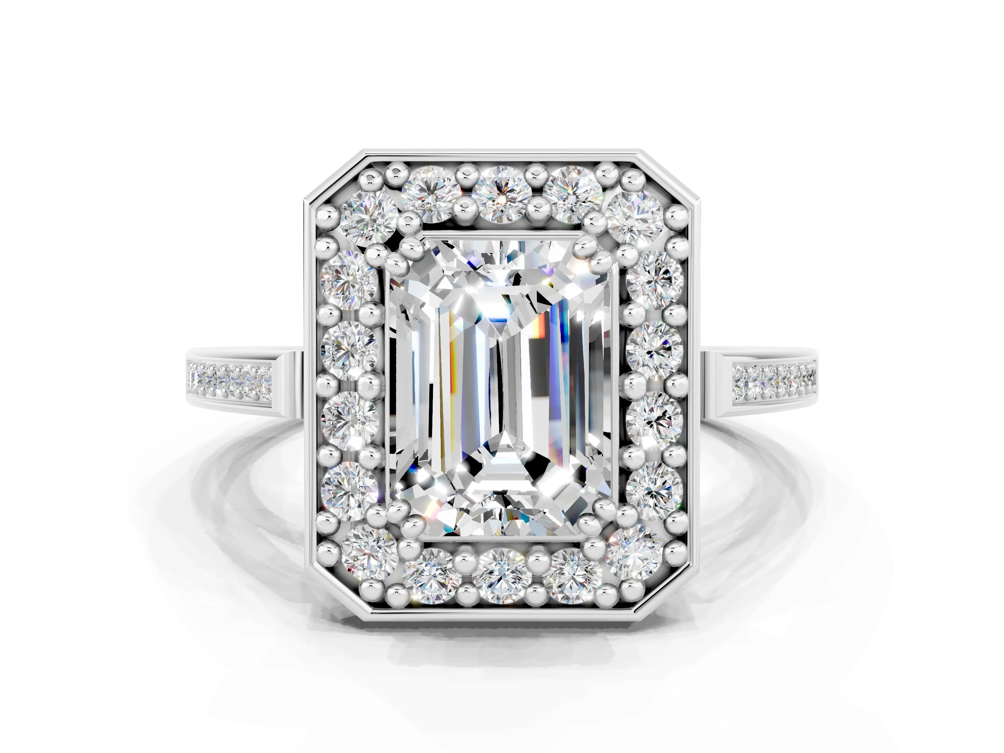 White gold Emerald Cut Moissanite Halo Ring with Split Shank and Four-Prong Setting