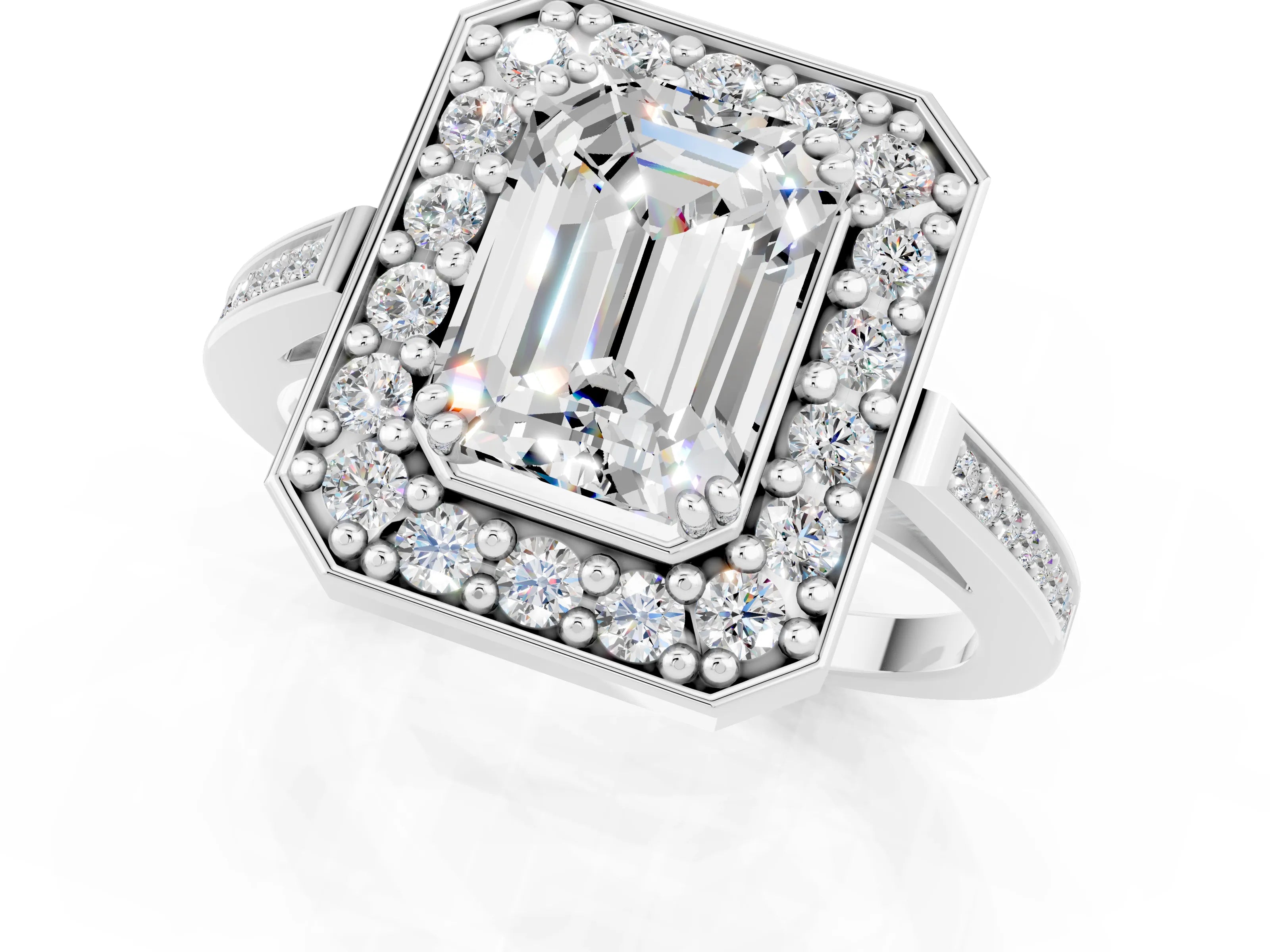 White gold Emerald Cut Moissanite Halo Ring with Split Shank and Four-Prong Setting_1