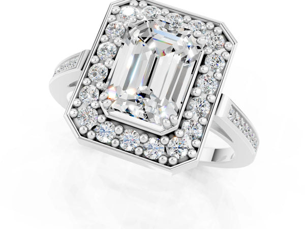Platinum Emerald Cut Moissanite Halo Ring with Split Shank and Four-Prong Setting