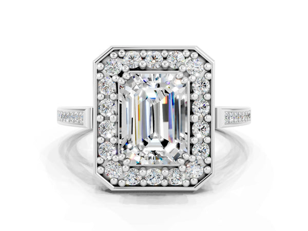 White gold Emerald Cut Moissanite Halo Ring with Split Shank and Four-Prong Setting