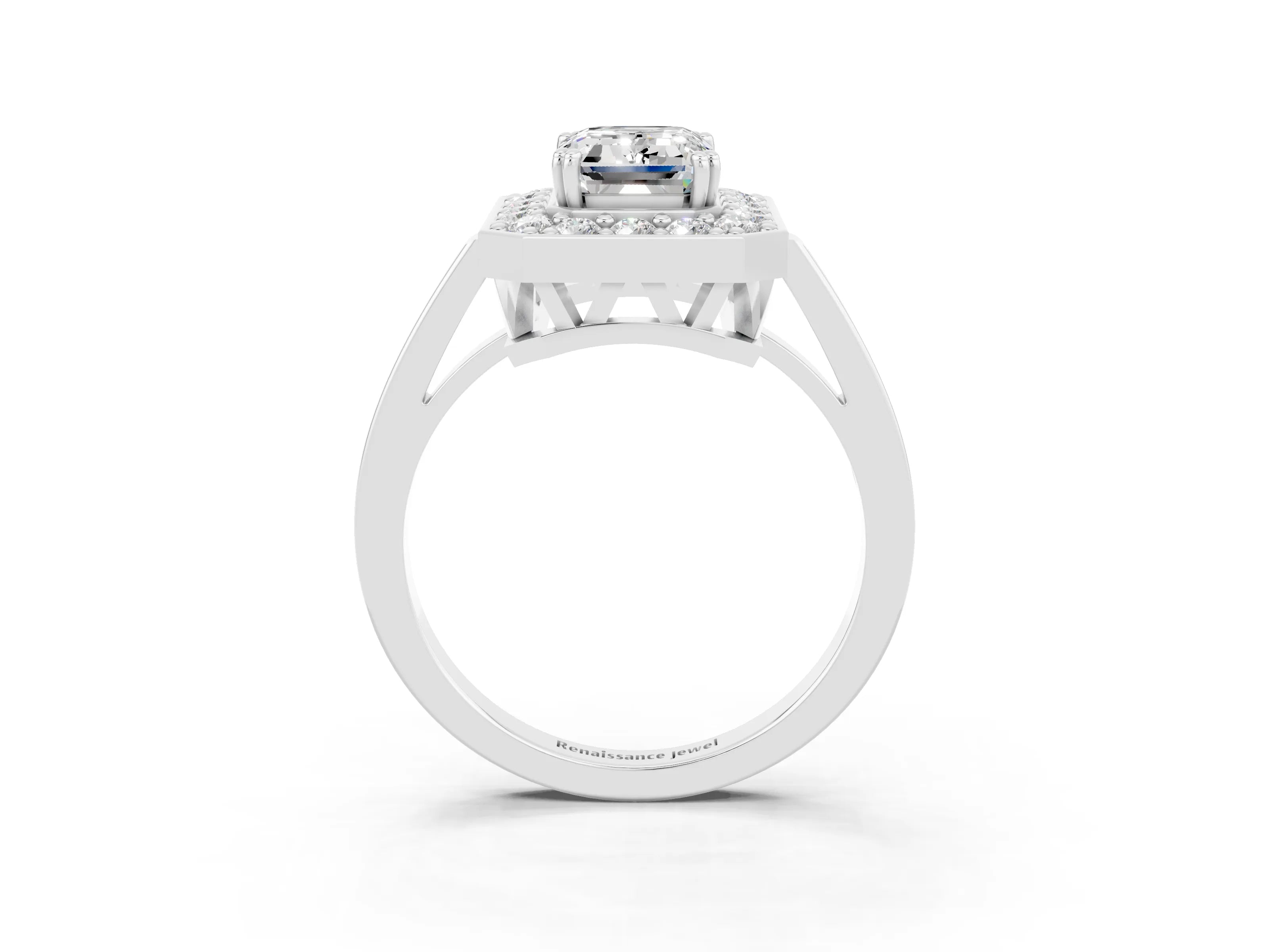 White gold Emerald Cut Moissanite Halo Ring with Split Shank and Four-Prong Setting_15