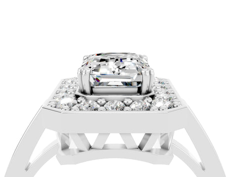 White gold Emerald Cut Moissanite Halo Ring with Split Shank and Four-Prong Setting_16