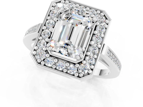 White gold Emerald Cut Moissanite Halo Ring with Split Shank and Four-Prong Setting_1