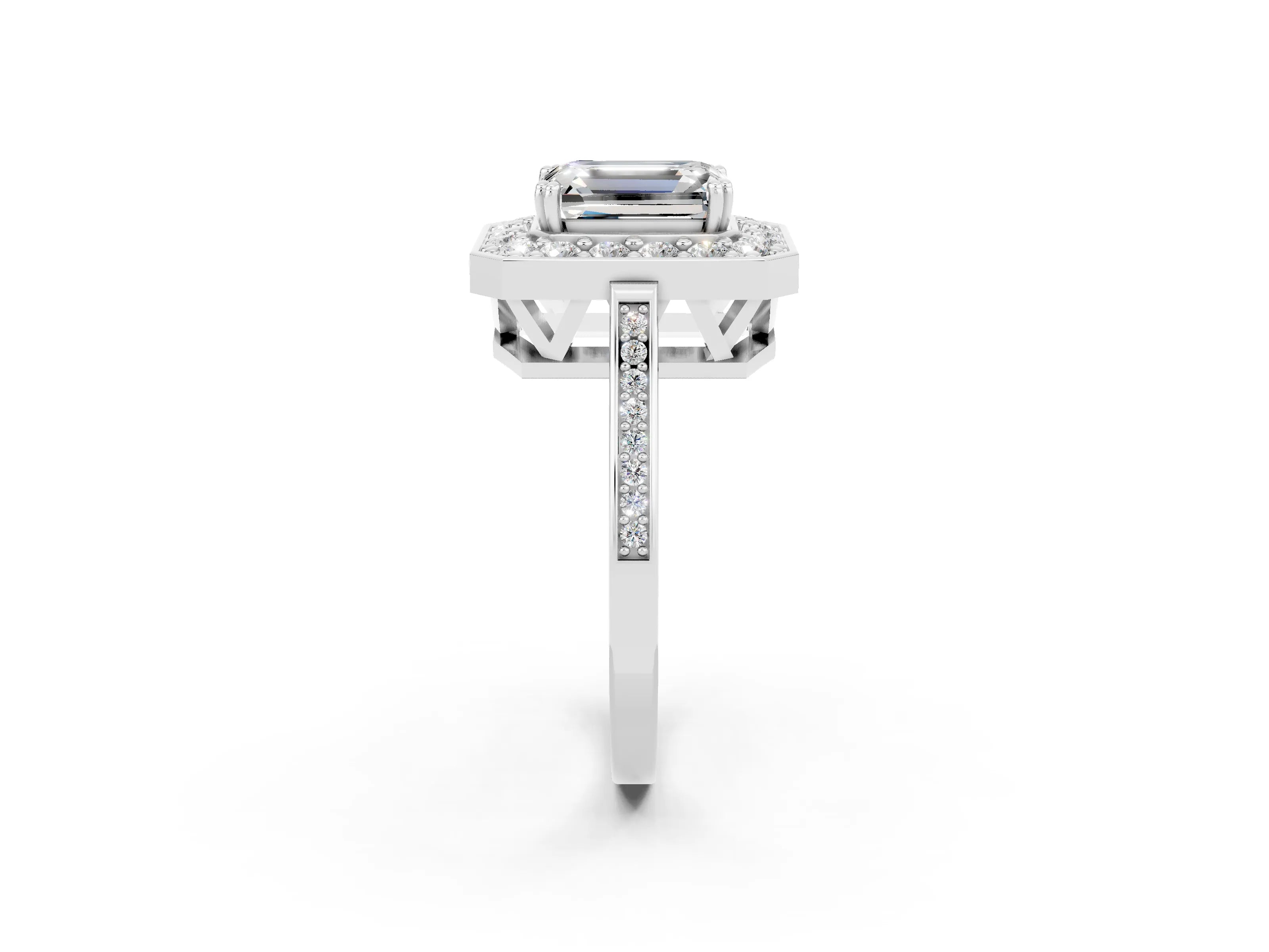 White gold Emerald Cut Moissanite Halo Ring with Split Shank and Four-Prong Setting_2