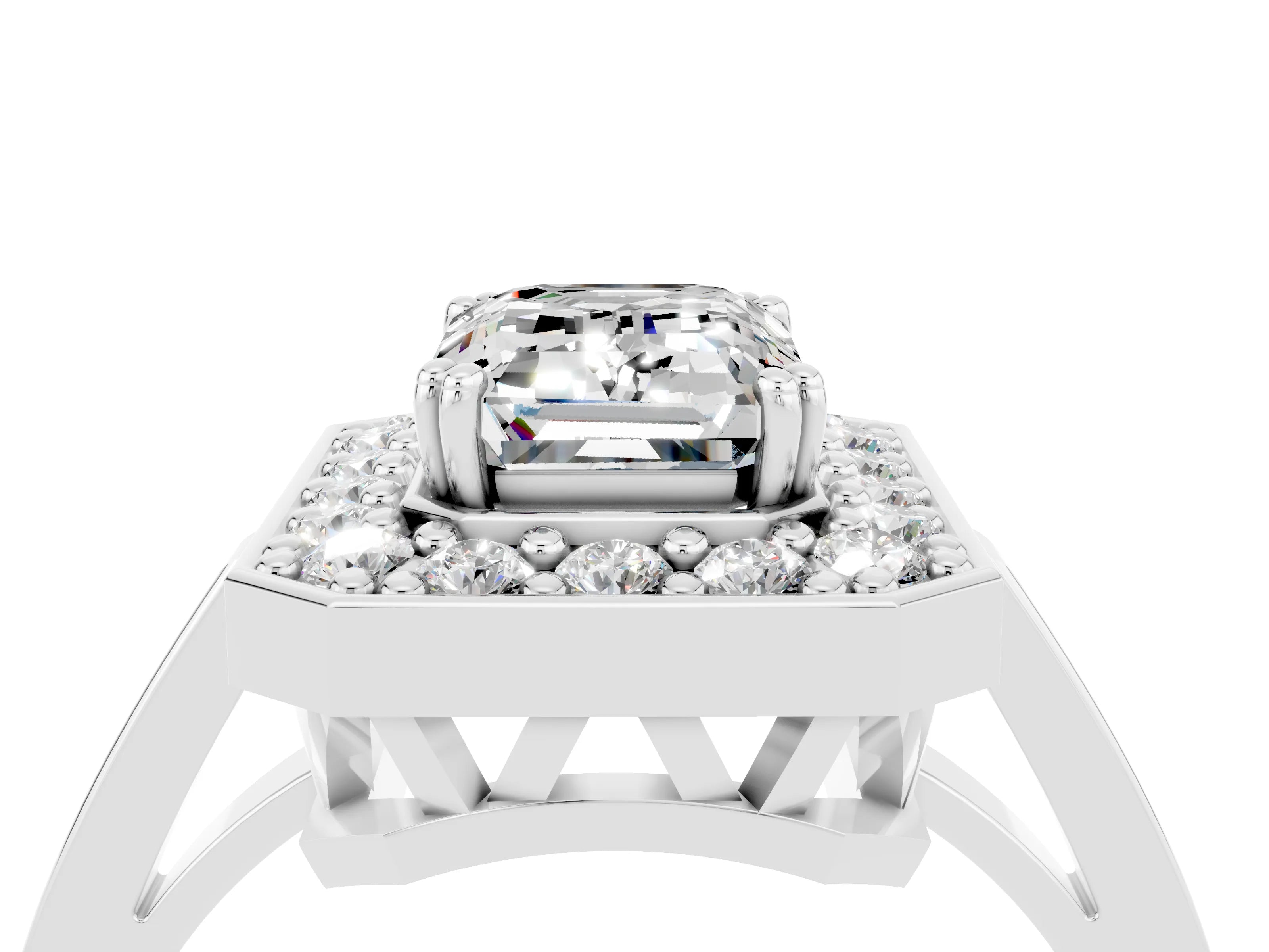 White gold Emerald Cut Moissanite Halo Ring with Split Shank and Four-Prong Setting_4