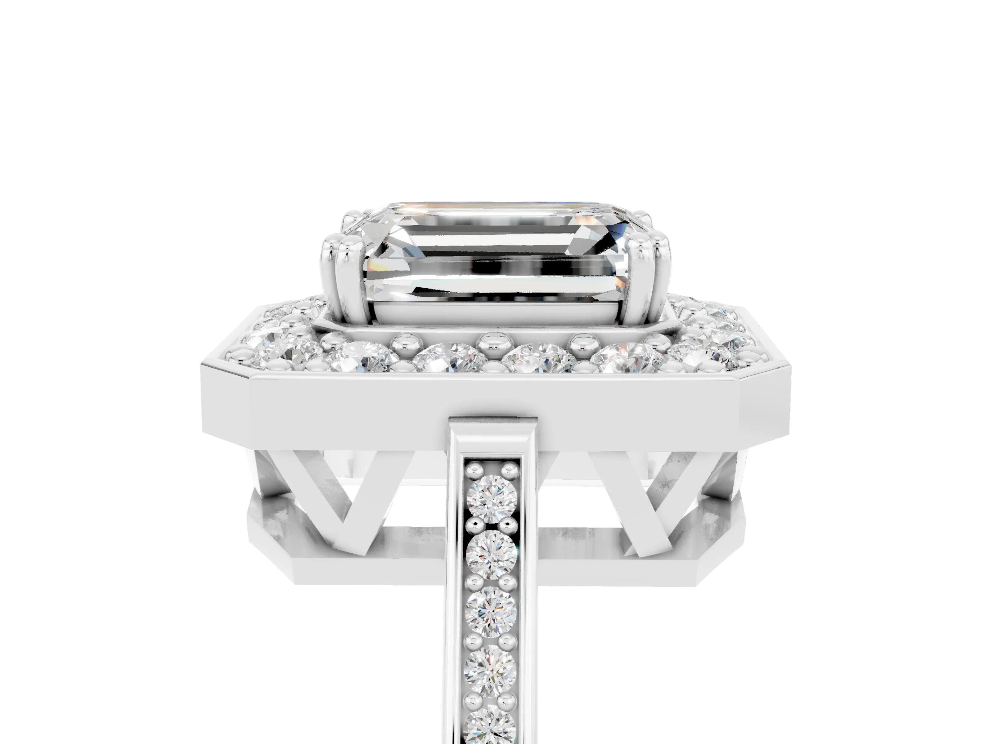 White gold Emerald Cut Moissanite Halo Ring with Split Shank and Four-Prong Setting_5