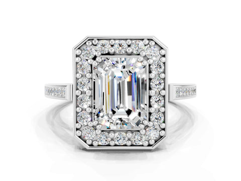 White gold Emerald Cut Moissanite Halo Ring with Split Shank and Four-Prong Setting