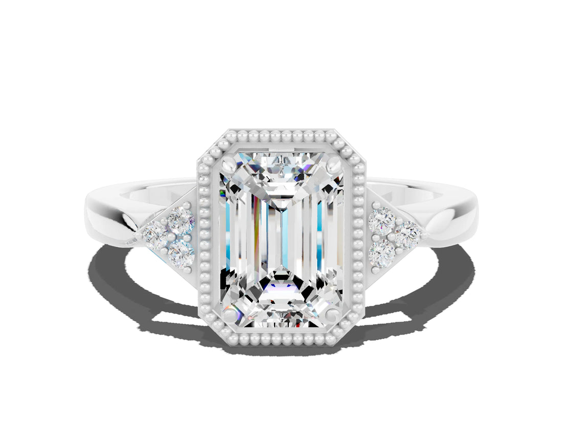White gold Emerald Cut Moissanite Halo Ring with Tapered Band and Four-Prong Setting