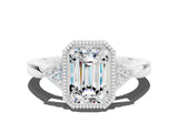 White gold Emerald Cut Moissanite Halo Ring with Tapered Band and Four-Prong Setting