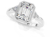 White gold Emerald Cut Moissanite Halo Ring with Tapered Band and Four-Prong Setting_1