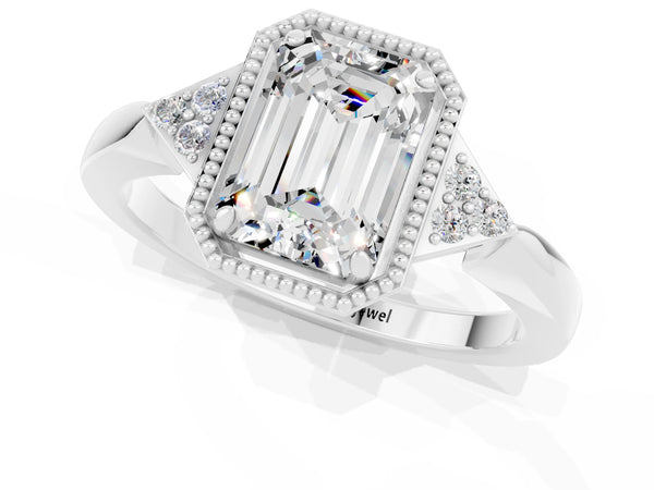 Platinum Emerald Cut Moissanite Halo Ring with Tapered Band and Four-Prong Setting