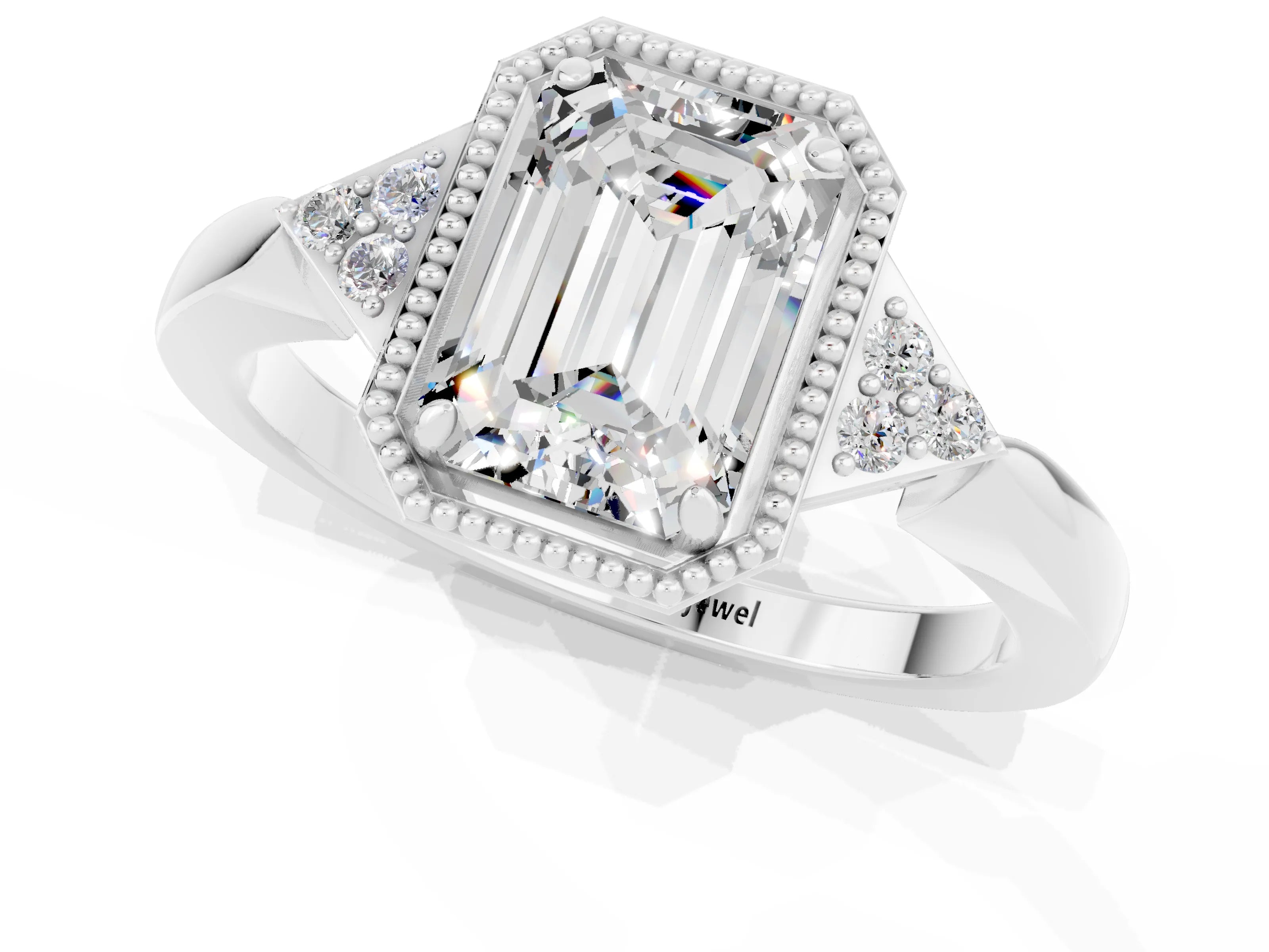 White gold Emerald Cut Moissanite Halo Ring with Tapered Band and Four-Prong Setting_1