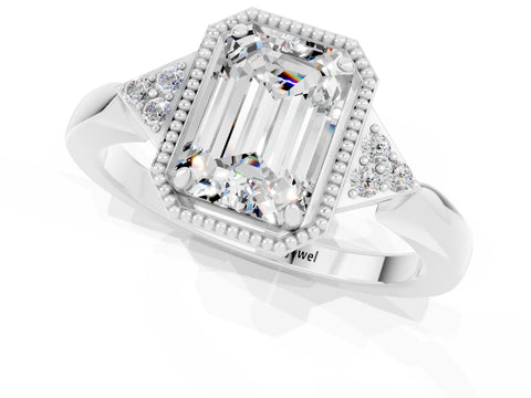 White gold Emerald Cut Moissanite Halo Ring with Tapered Band and Four-Prong Setting_1