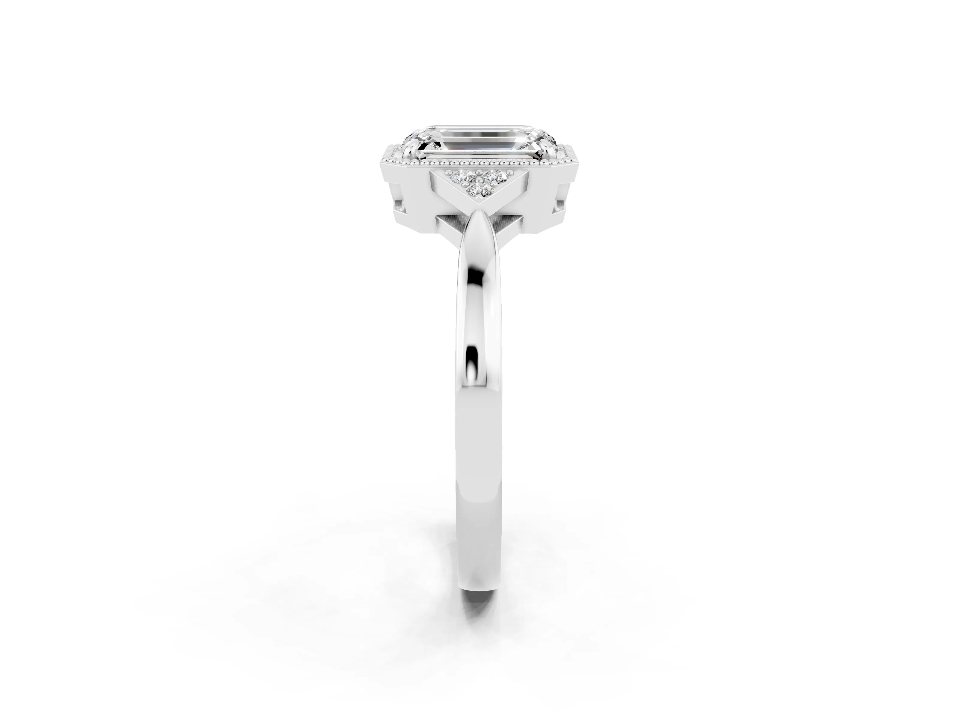 White gold Emerald Cut Moissanite Halo Ring with Tapered Band and Four-Prong Setting_2