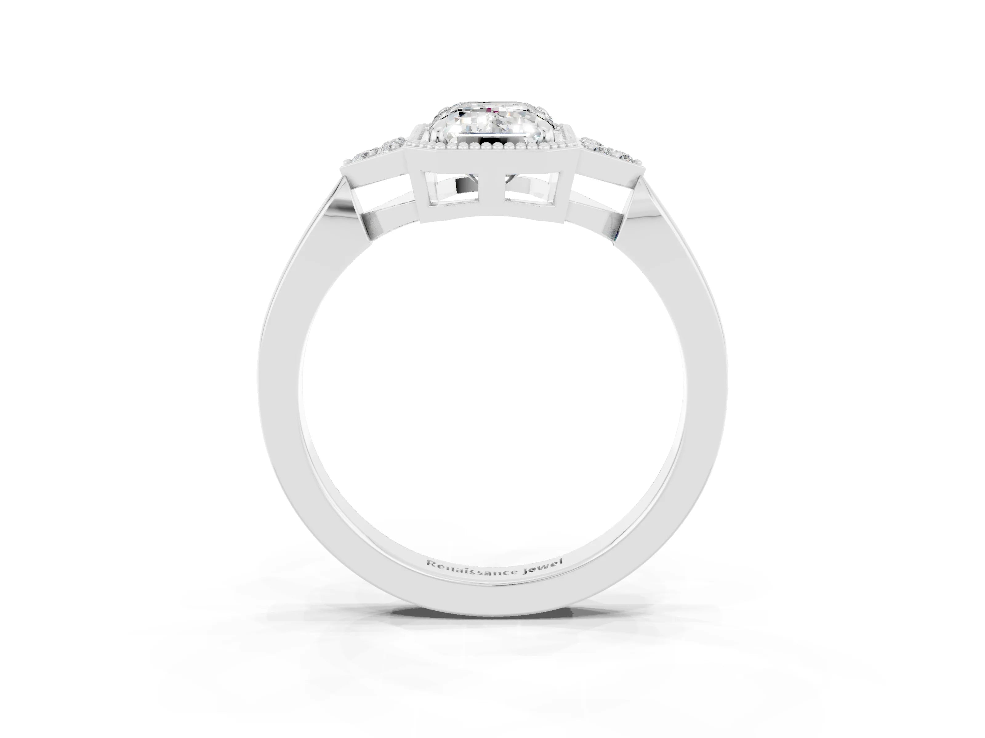White gold Emerald Cut Moissanite Halo Ring with Tapered Band and Four-Prong Setting_3