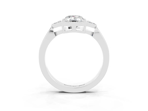 Silver Emerald Cut Moissanite Halo Ring with Tapered Band and Four-Prong Setting