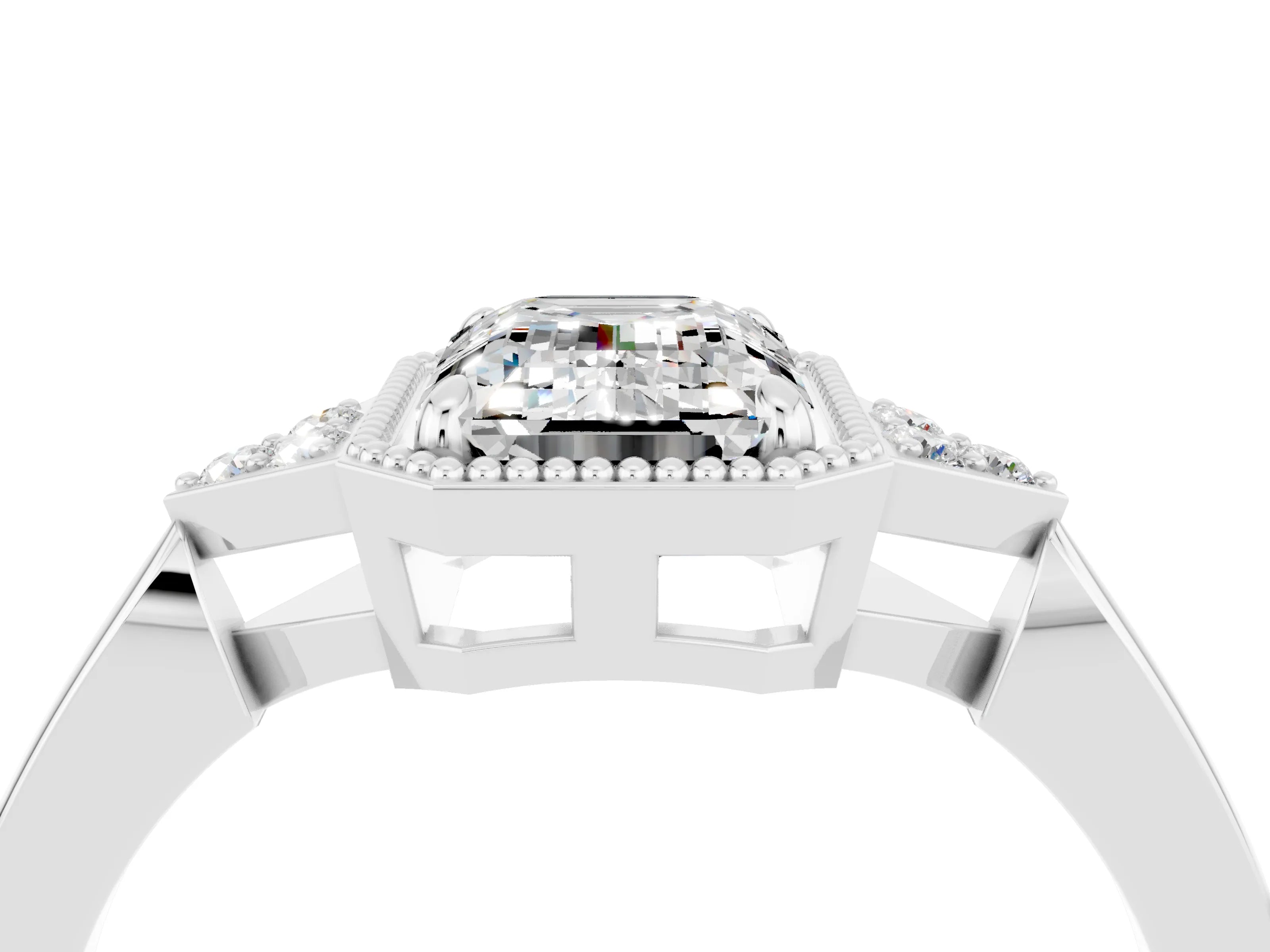White gold Emerald Cut Moissanite Halo Ring with Tapered Band and Four-Prong Setting_4