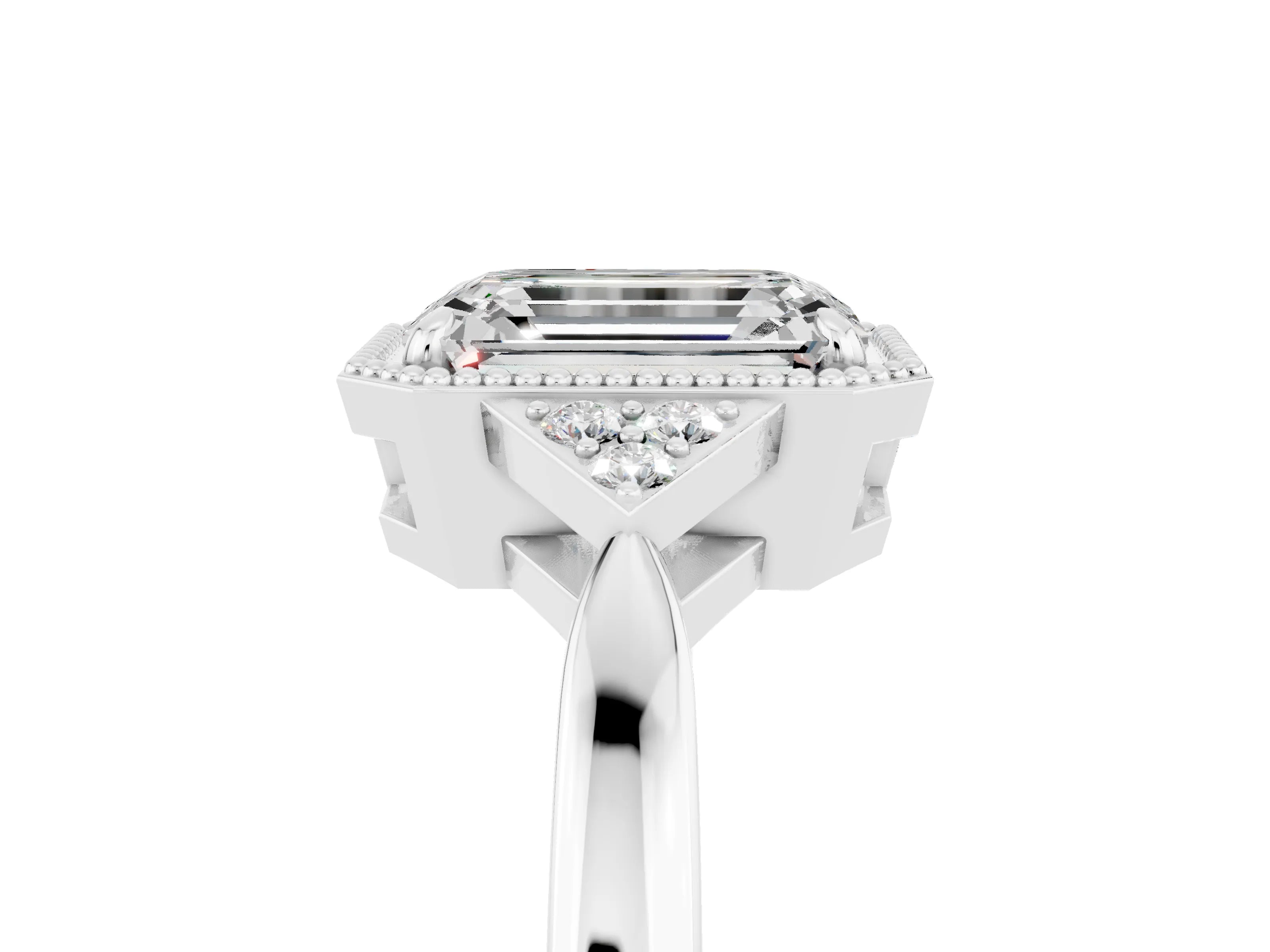 White gold Emerald Cut Moissanite Halo Ring with Tapered Band and Four-Prong Setting_5
