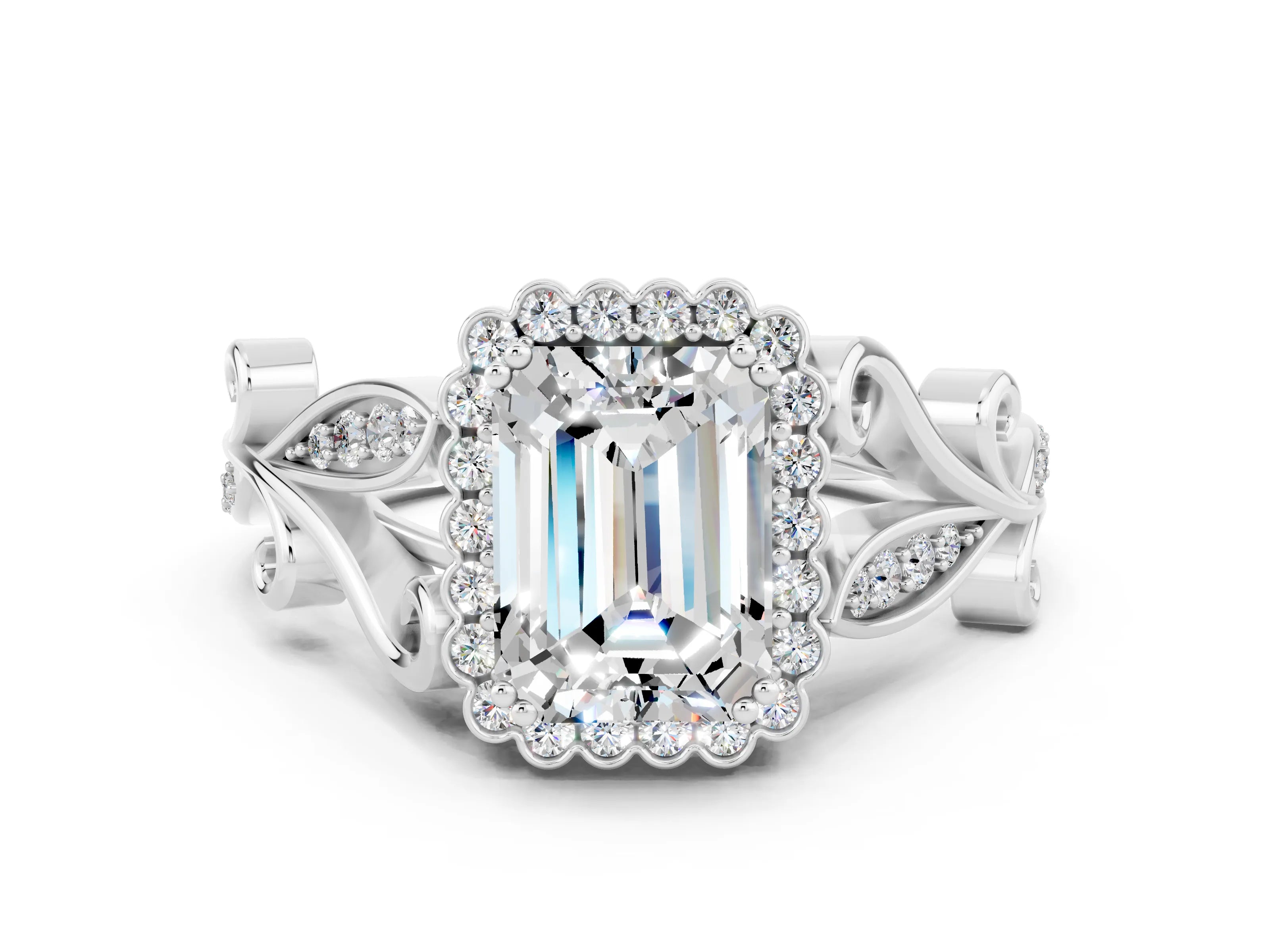 White gold Emerald Cut Moissanite Halo Ring with Vintage Split Shank and Four-Prong Setting_24