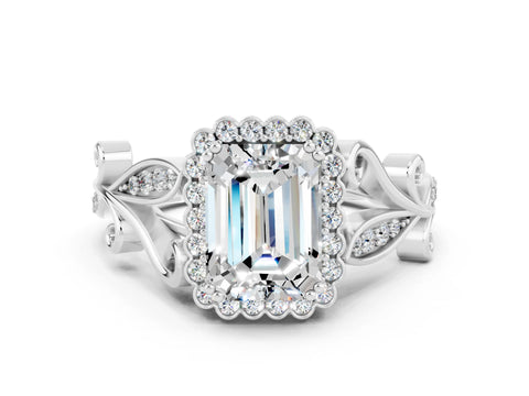 White gold Emerald Cut Moissanite Halo Ring with Vintage Split Shank and Four-Prong Setting_24
