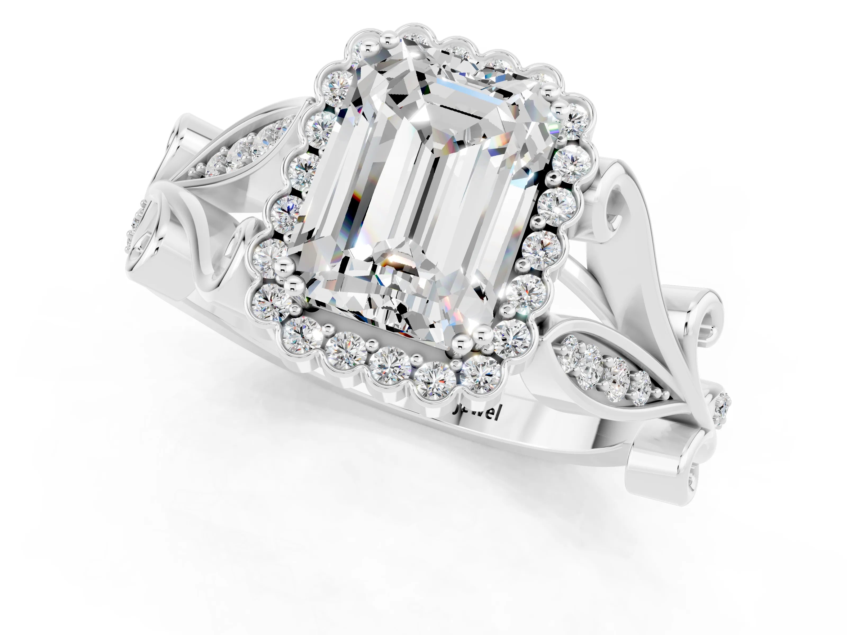 White gold Emerald Cut Moissanite Halo Ring with Vintage Split Shank and Four-Prong Setting_25