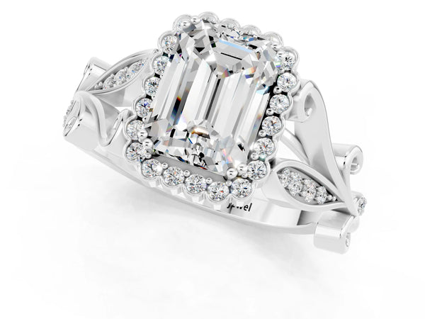 Silver Emerald Cut Moissanite Halo Ring with Vintage Split Shank and Four-Prong Setting