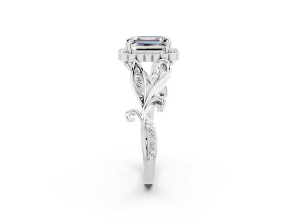 Platinum Emerald Cut Moissanite Halo Ring with Vintage Split Shank and Four-Prong Setting
