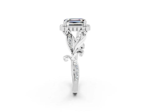White gold Emerald Cut Moissanite Halo Ring with Vintage Split Shank and Four-Prong Setting_26