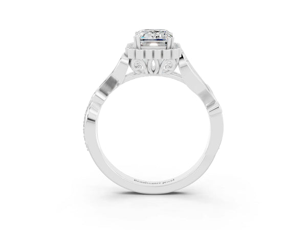 Platinum Emerald Cut Moissanite Halo Ring with Vintage Split Shank and Four-Prong Setting
