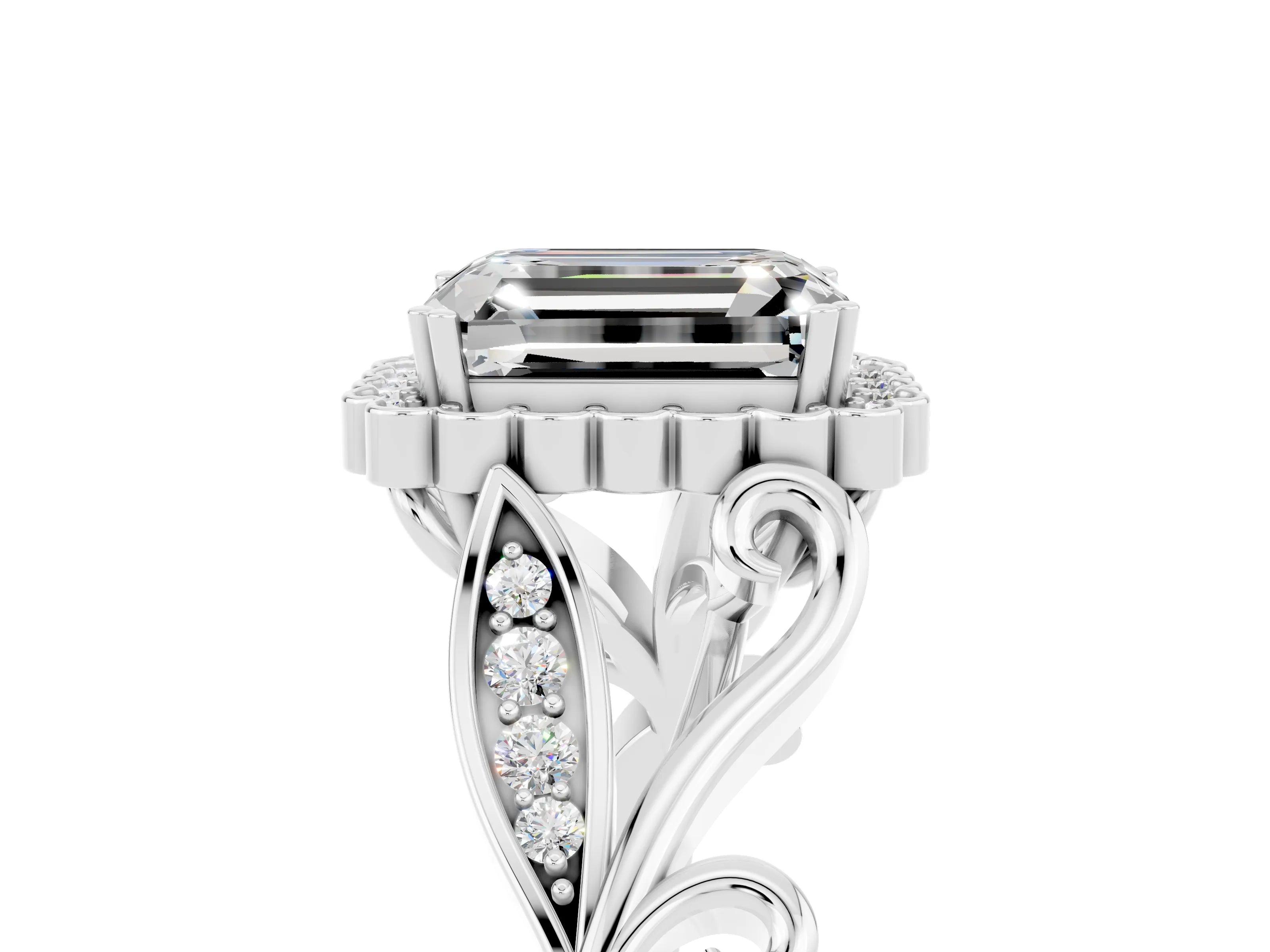 White gold Emerald Cut Moissanite Halo Ring with Vintage Split Shank and Four-Prong Setting_29