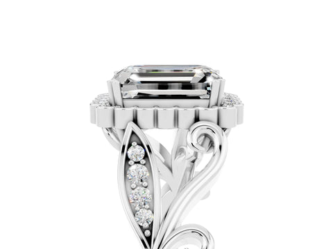 White gold Emerald Cut Moissanite Halo Ring with Vintage Split Shank and Four-Prong Setting_29