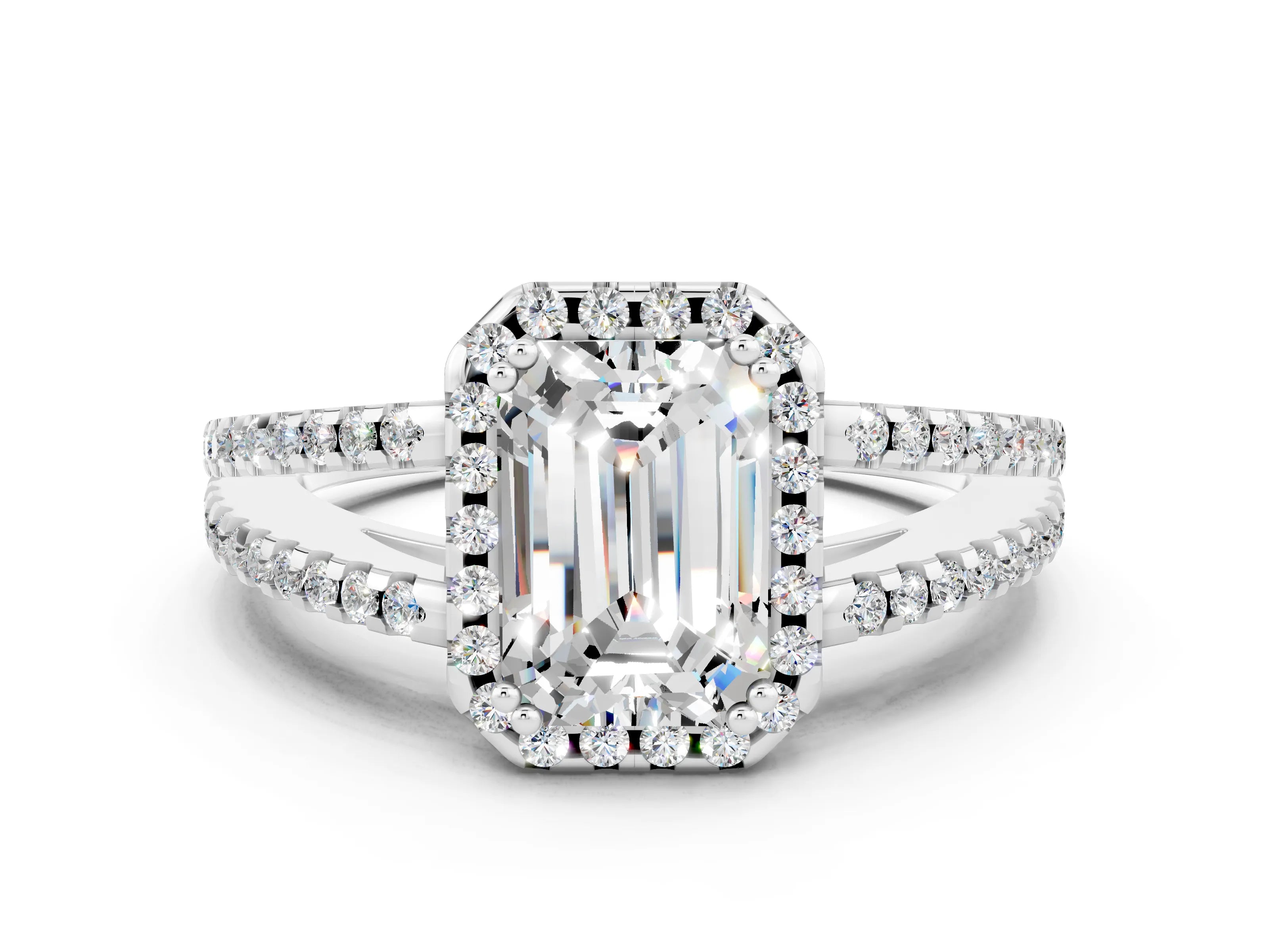 White gold Emerald Cut Moissanite Halo Split Shank Engagement Ring_12