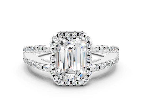 Silver Emerald Cut Moissanite Halo Split Shank Engagement Ring