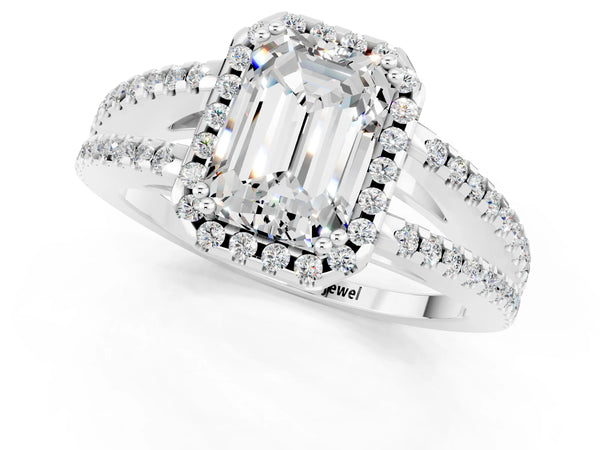 Platinum Emerald Cut Moissanite Halo Split Shank Engagement Ring