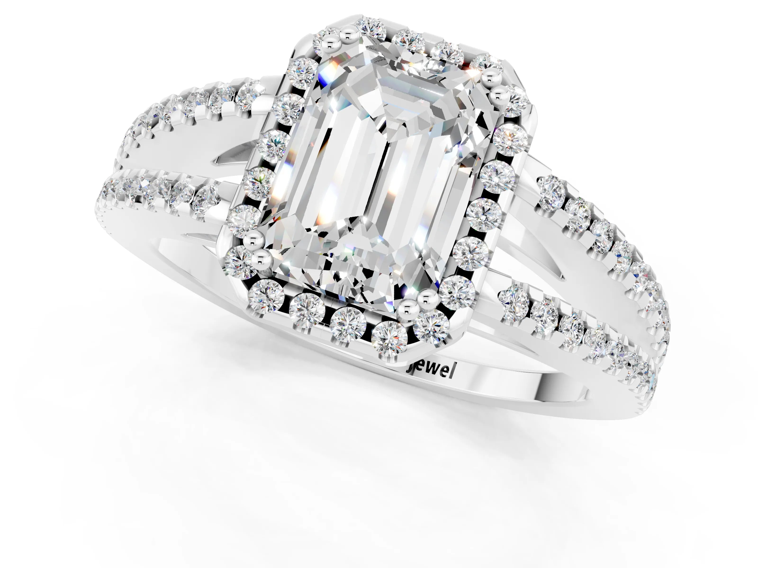 White gold Emerald Cut Moissanite Halo Split Shank Engagement Ring_13