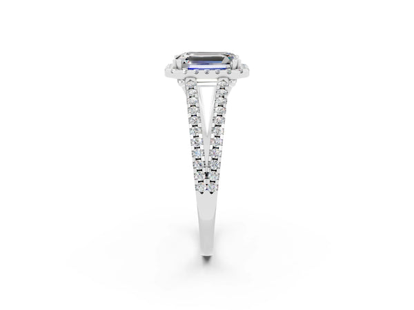 Platinum Emerald Cut Moissanite Halo Split Shank Engagement Ring