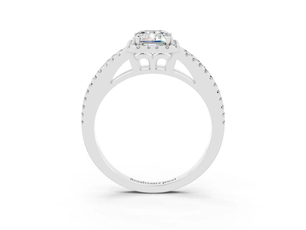 Platinum Emerald Cut Moissanite Halo Split Shank Engagement Ring