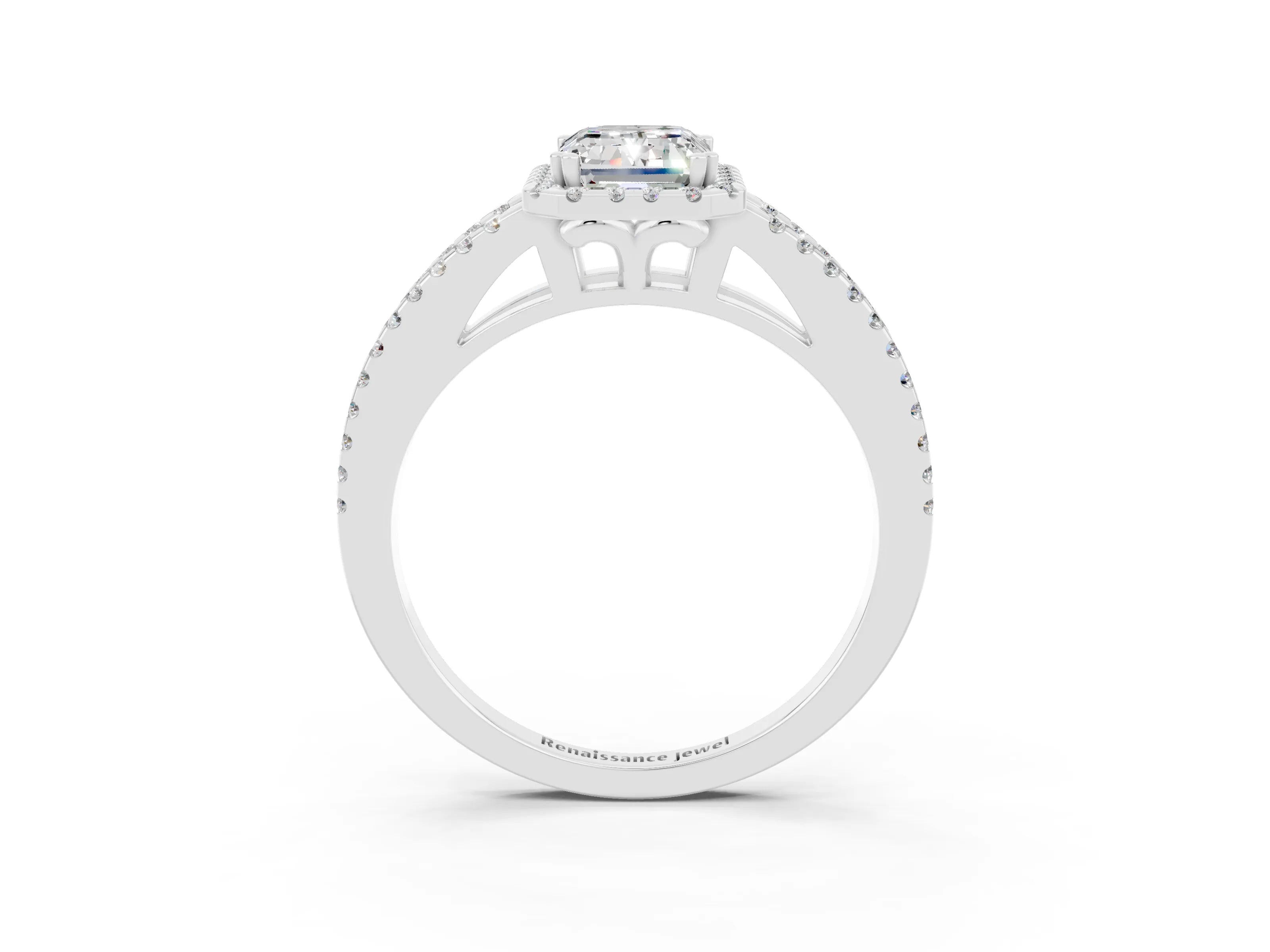 White gold Emerald Cut Moissanite Halo Split Shank Engagement Ring_15